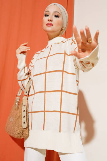 Kare Çizgili Triko Tunik Bej Latte - Tunik
