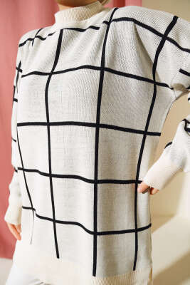 Kare Çizgili Triko Tunik Bej Siyah - Triko Tunik