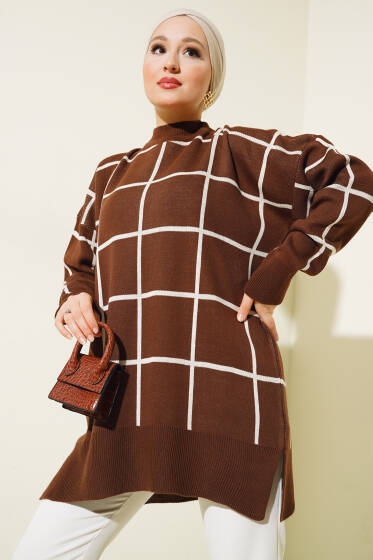 Kare Çizgili Triko Tunik Kahve - Spor Tunik