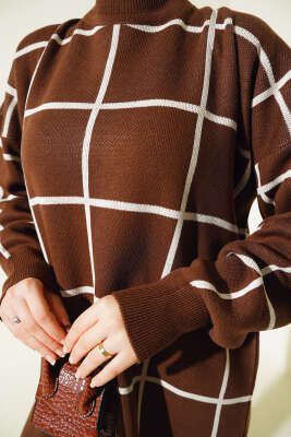 Kare Çizgili Triko Tunik Kahve - Triko Tunik