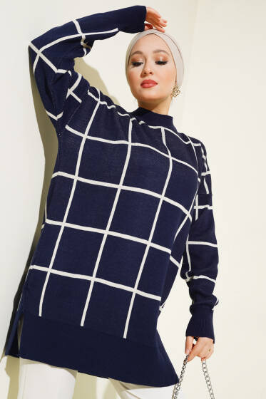 Kare Çizgili Triko Tunik Lacivert - Spor Tunik