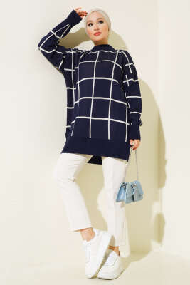 Kare Çizgili Triko Tunik Lacivert - Triko Tunik