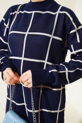 Kare Çizgili Triko Tunik Lacivert - Triko Tunik