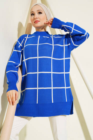 Kare Çizgili Triko Tunik Saks - Spor Tunik