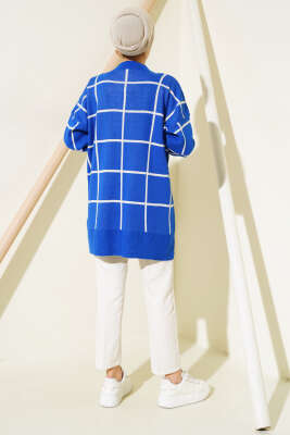 Kare Çizgili Triko Tunik Saks - Triko Tunik