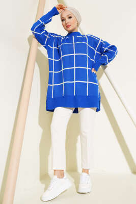 Kare Çizgili Triko Tunik Saks - Triko Tunik