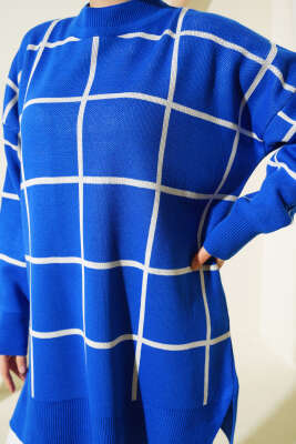 Kare Çizgili Triko Tunik Saks - Triko Tunik