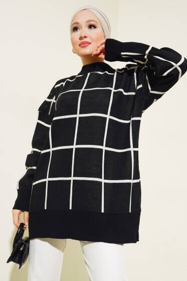 Kare Çizgili Triko Tunik Siyah - Spor Tunik