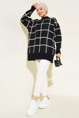 Kare Çizgili Triko Tunik Siyah - Triko Tunik