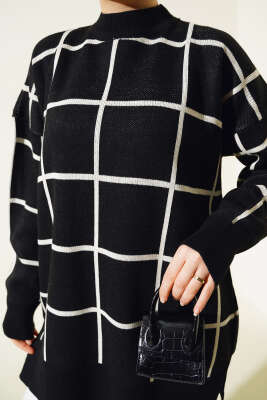 Kare Çizgili Triko Tunik Siyah - Triko Tunik