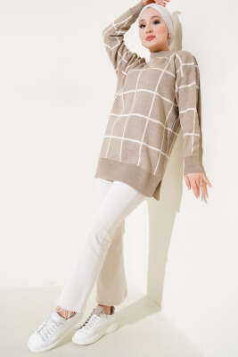 Kare Çizgili Triko Tunik Vizon - Triko Tunik