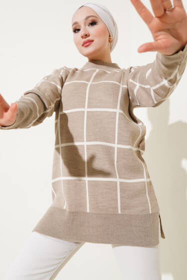 Kare Çizgili Triko Tunik Vizon - Tunik