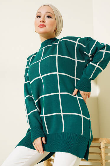 Kare Çizgili Triko Tunik Zümrüt - Spor Tunik