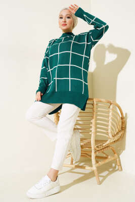 Kare Çizgili Triko Tunik Zümrüt - Triko Tunik