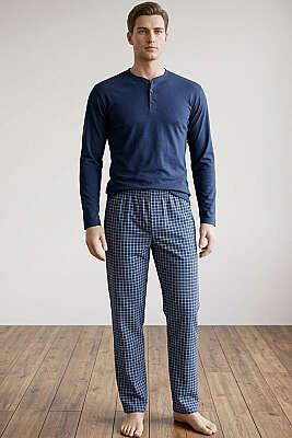 Kare Çizgili Uzun Kol Erkek Pijama Takımı İndigo 