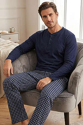 Kare Çizgili Uzun Kol Erkek Pijama Takımı Lacivert 