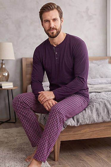 Kare Çizgili Uzun Kol Erkek Pijama Takımı Mürdüm - ERKEK PİJAMA
