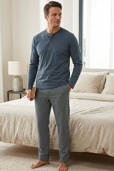 Kare Çizgili Uzun Kol Erkek Pijama Takımı Petrol - Pijama