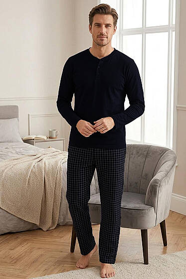 Kare Çizgili Uzun Kol Erkek Pijama Takımı Siyah - Pijama