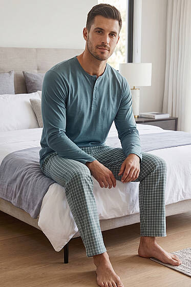 Kare Çizgili Uzun Kol Erkek Pijama Takımı Yeşil - ERKEK PİJAMA