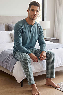 Kare Çizgili Uzun Kol Erkek Pijama Takımı Yeşil 