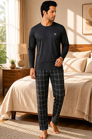 Kare Çizgili Uzun Kollu Erkek Pijama Takımı Antrasit - Pijama
