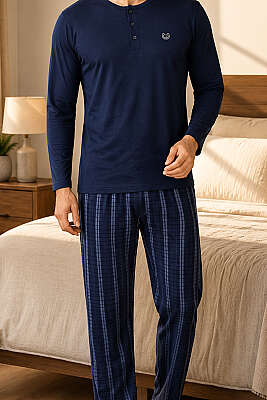 Kare Çizgili Uzun Kollu Erkek Pijama Takımı Lacivert - Pijama