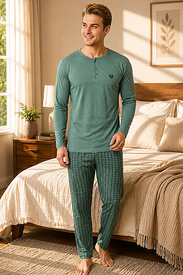 Kare Çizgili Uzun Kollu Erkek Pijama Takımı Mint - Pijama