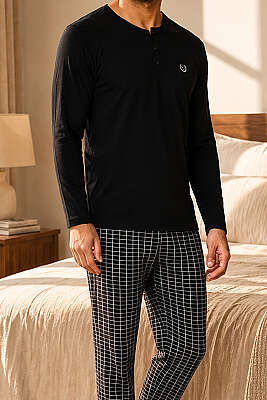 Kare Çizgili Uzun Kollu Erkek Pijama Takımı Siyah - Pijama
