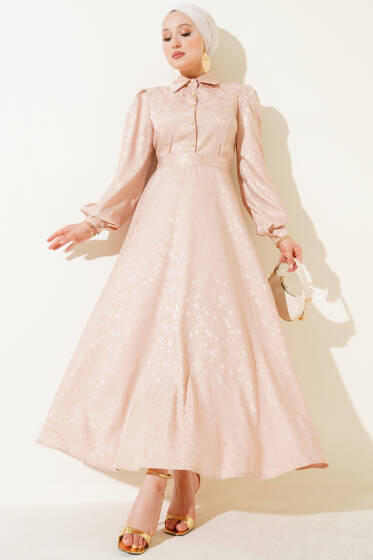 Kare Desen Düğmeli Jakar Elbise Bej - Elbise