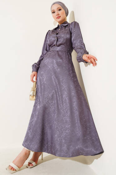 Kare Desen Düğmeli Jakar Elbise Füme - Elbise