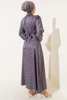 Kare Desen Düğmeli Jakar Elbise Füme - Tesettür Elbise