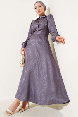 Kare Desen Düğmeli Jakar Elbise Füme 