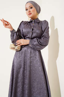 Kare Desen Düğmeli Jakar Elbise Füme - Tesettür Elbise