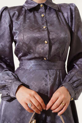 Kare Desen Düğmeli Jakar Elbise Füme - Tesettür Elbise