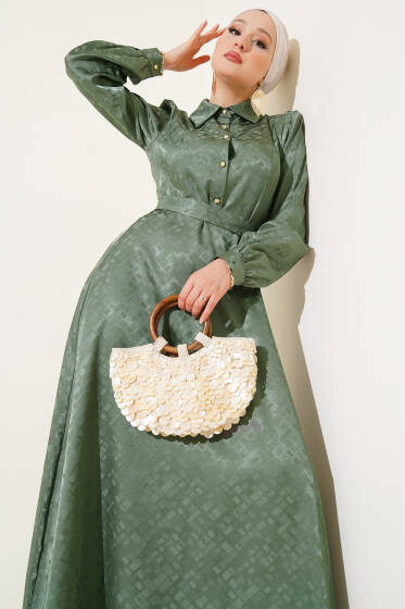 Kare Desen Düğmeli Jakar Elbise Haki - Elbise