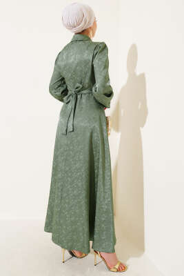 Kare Desen Düğmeli Jakar Elbise Haki - Tesettür Elbise