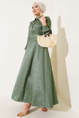 Kare Desen Düğmeli Jakar Elbise Haki - Tesettür Elbise