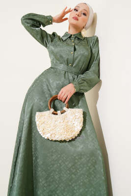 Kare Desen Düğmeli Jakar Elbise Haki