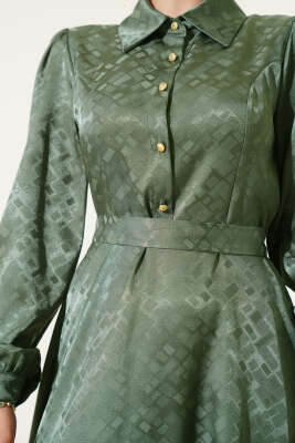 Kare Desen Düğmeli Jakar Elbise Haki - Tesettür Elbise