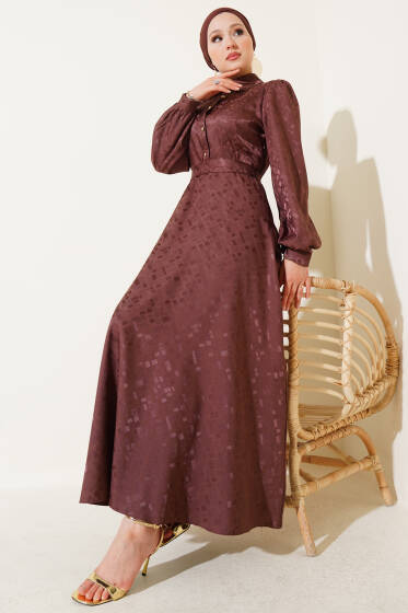 Kare Desen Düğmeli Jakar Elbise Kahve - Elbise