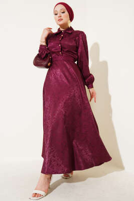 Kare Desen Düğmeli Jakar Elbise Mürdüm