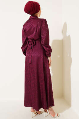 Kare Desen Düğmeli Jakar Elbise Mürdüm - Tesettür Elbise