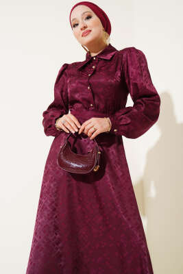 Kare Desen Düğmeli Jakar Elbise Mürdüm - Tesettür Elbise