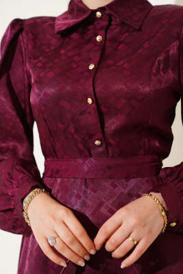 Kare Desen Düğmeli Jakar Elbise Mürdüm - Tesettür Elbise