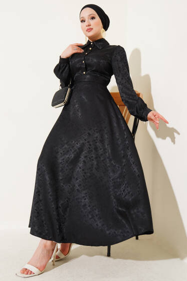 Kare Desen Düğmeli Jakar Elbise Siyah - Elbise