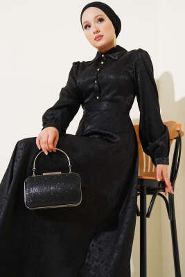 Kare Desen Düğmeli Jakar Elbise Siyah - Tesettür Elbise