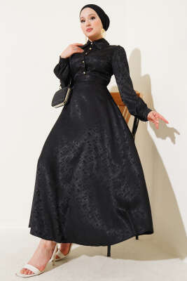 Kare Desen Düğmeli Jakar Elbise Siyah - Tesettür Elbise