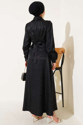 Kare Desen Düğmeli Jakar Elbise Siyah - Tesettür Elbise