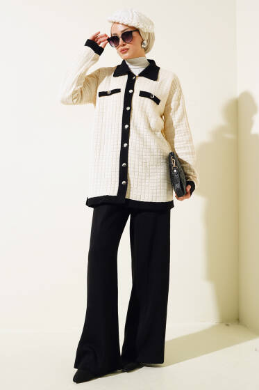 Kare Desen Düğmeli Triko İkili Takım Bej - İkili Takım